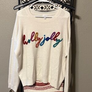 Le Lis Cream Sweater with Colorful 'Holly Jolly' Design